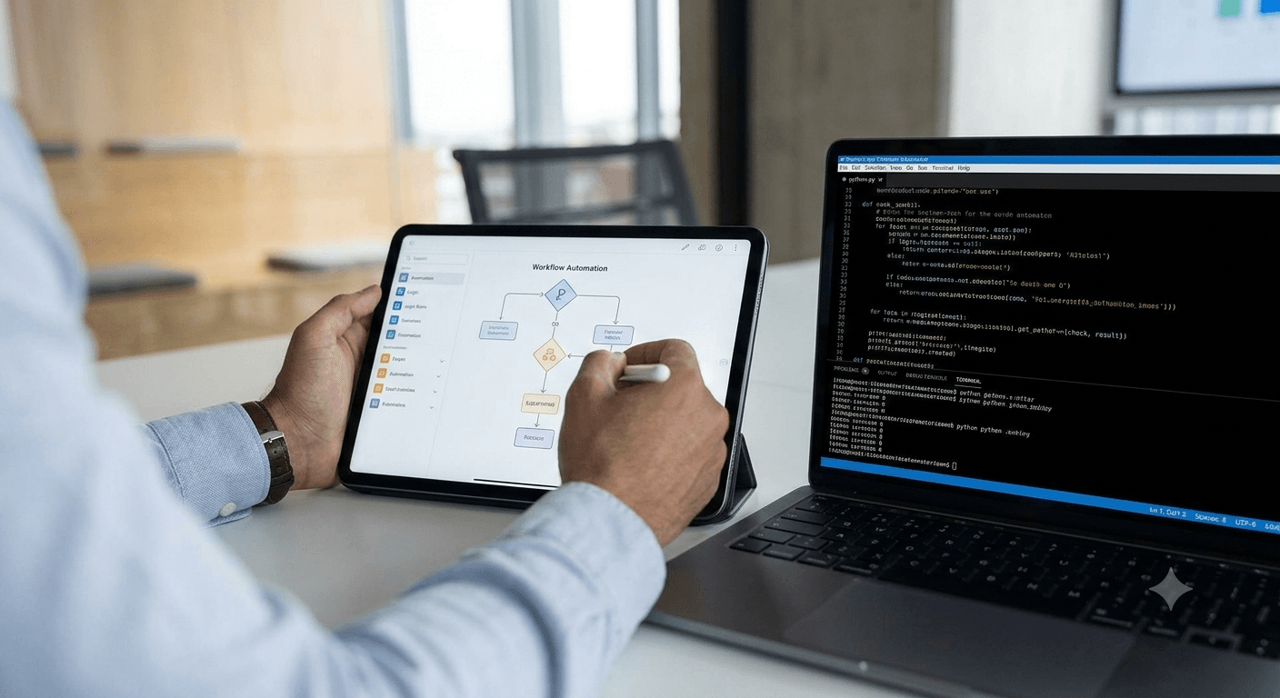 A team automating a real workflow on a tablet beside live code