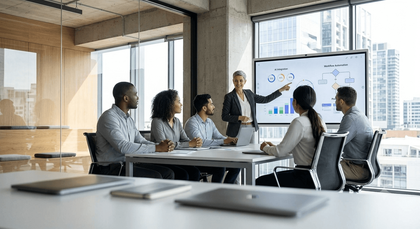 A coach leading a B2B team through an AI integration and workflow automation session
